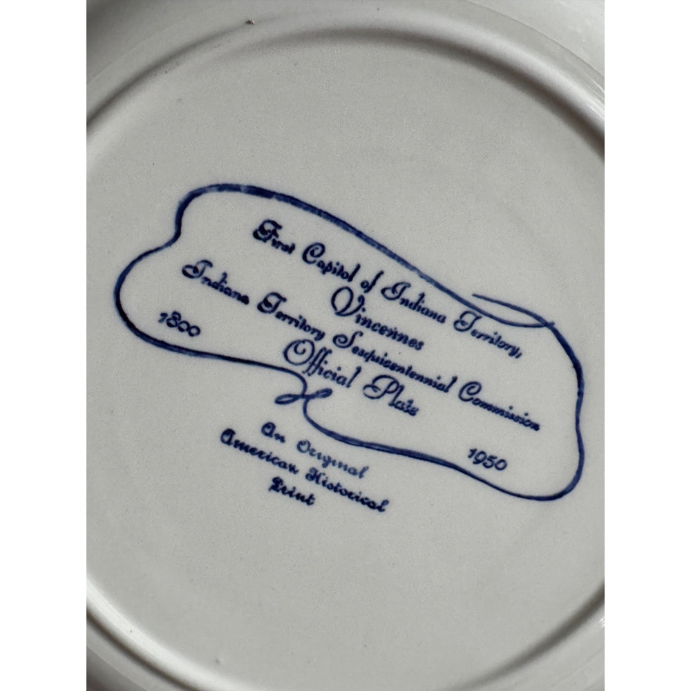 1950 Indiana Territorial Capitol Vincennes Centennial Plate Blue Commemorative - Picture 3 of 6